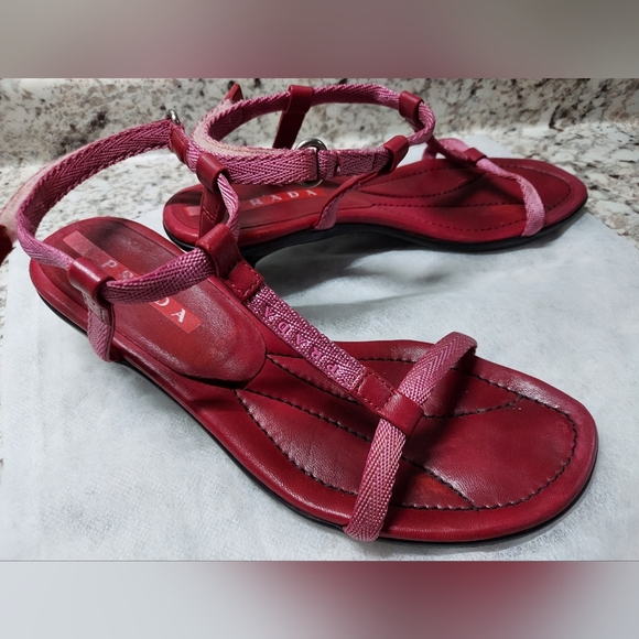 Authentic Prada Sandals Kitten Heels Size 38 6.5 Women's Good Used Condition Red - Picture 1 of 9